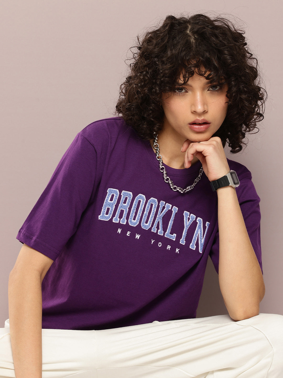 Womens Half Sleeve Round Neck Embroidery Oversized Fit Tshirts